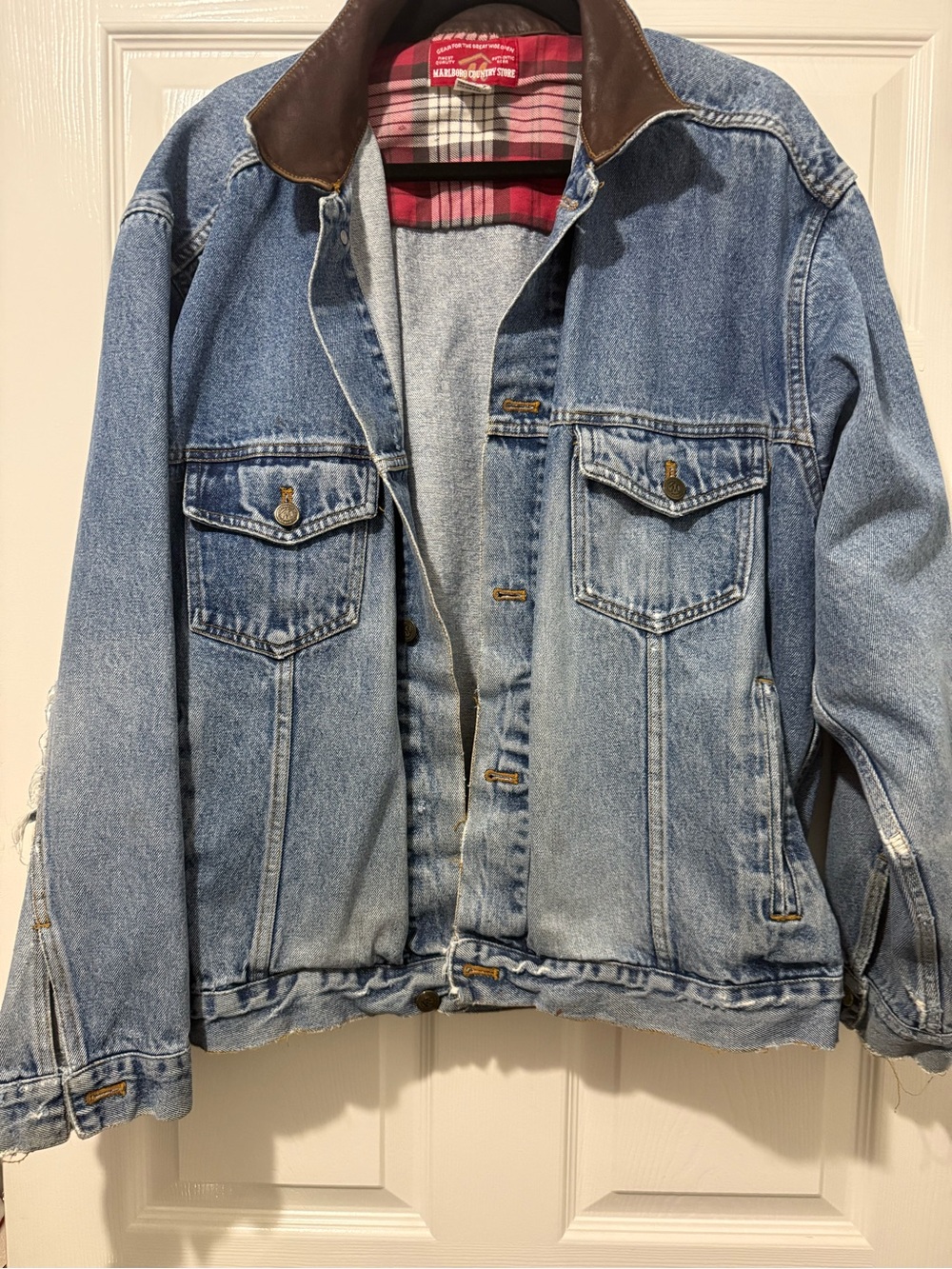 Vintage 90’s Marlboro Country Denim Jacket with Leather Collar - Sz XL